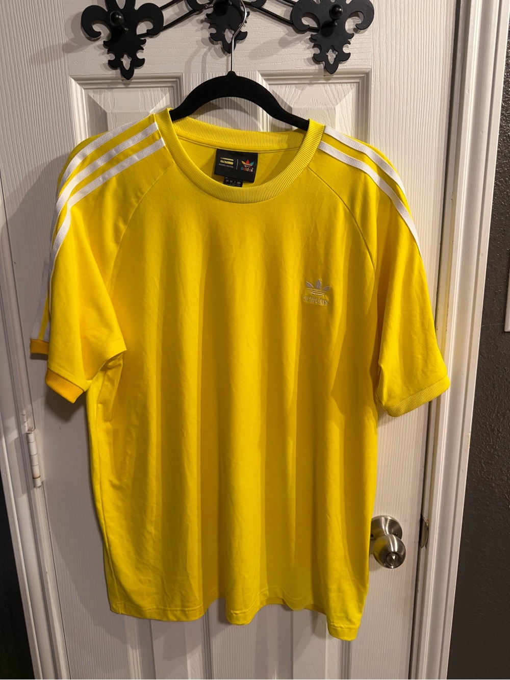 adidas Pharrell Williams Yellow Short-Sleeve Trefoil Tee with White Stripes